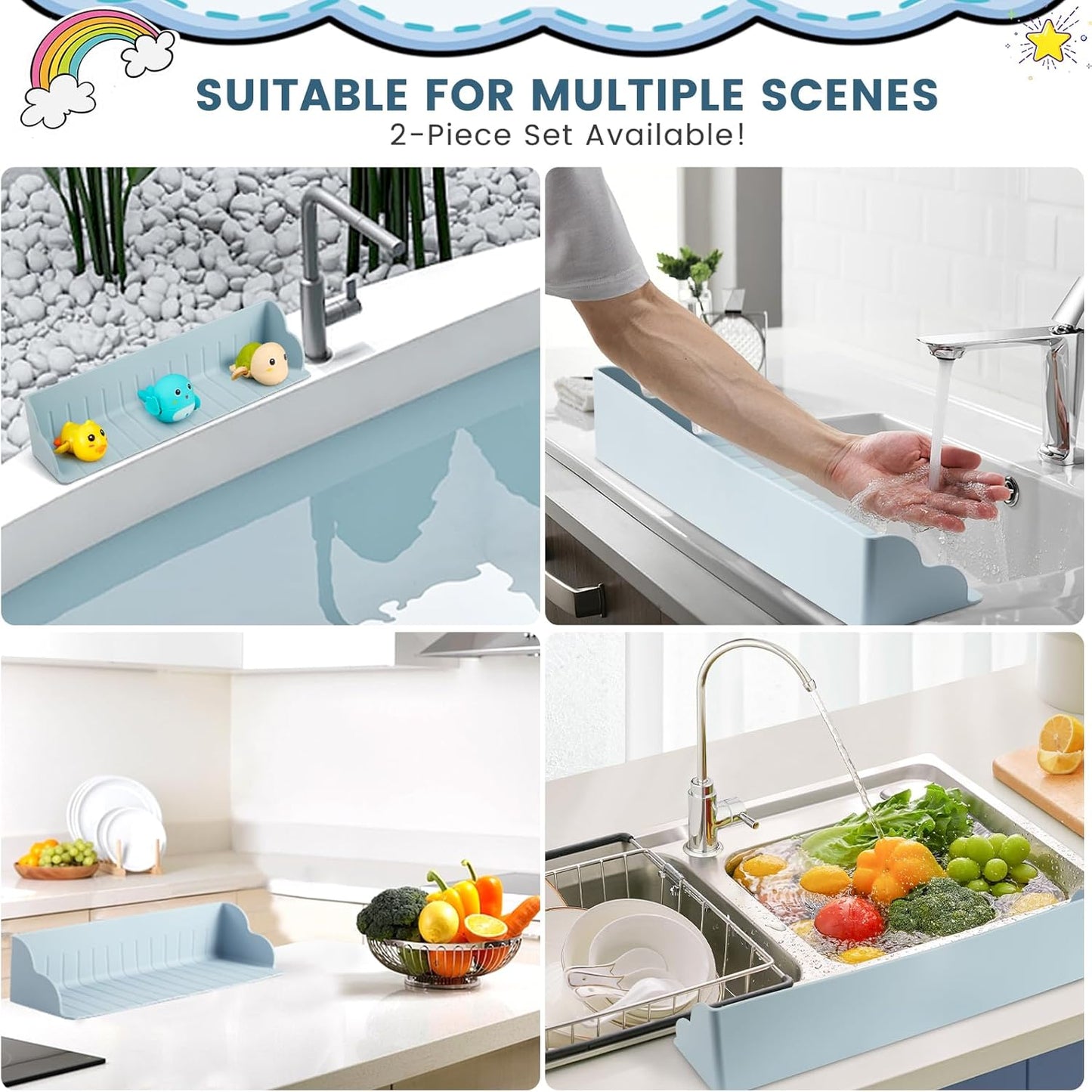 2Pack Bathtub Splash Guard for Tub, Silicone Bathtub Caddy Tray with Play Shelf, Kids Bath Tub Shelf and Organizer for Baby Bath Toys, Bath Toy Holder, Toddler Bathtub Accessories(Classic Blue)