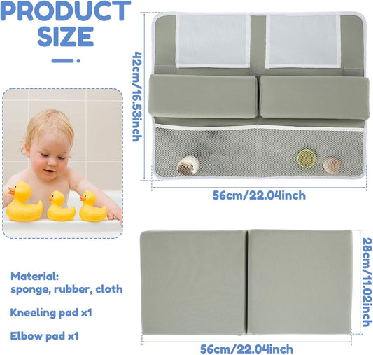 2 Pcs Baby Bath Kneeler and Elbow Rest Pad Set Comfortable Foam Bath Kneeling Pad Anti-Slip Bath Tub Elbow Pad with 4 Organizer Pockets Washable Baby Bath Cushion Bath Kneeling Pad for Toddler
