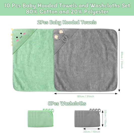 10 PCS Cute Baby Towels Set, 2 PCS Soft Baby Hooded Towels & 8 PCS Washcloths, Baby Bath Towels for Newborns, Infants & Toddlers, Ultra Absorbent, Cute Baby Towel Gift for Boys & Girls