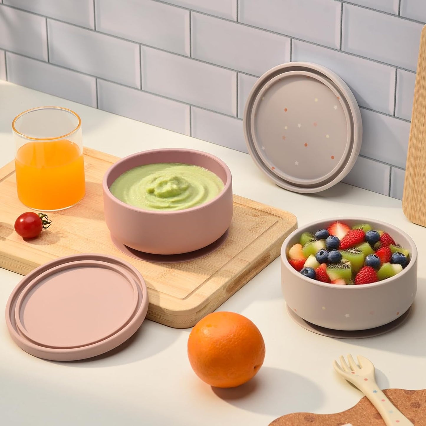 2-Pack Baby Bowls with Suction - Silicone Bowl with Lid, Non-Slip Suction Bowls for Baby, Feeding Bowl for Baby Led Weaning - Dishwasher Safe, Toddler Bowls for High Chair & Travel (Pink+Grey)