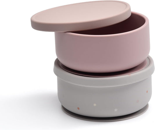 2-Pack Baby Bowls with Suction - Silicone Bowl with Lid, Non-Slip Suction Bowls for Baby, Feeding Bowl for Baby Led Weaning - Dishwasher Safe, Toddler Bowls for High Chair & Travel (Pink+Grey)