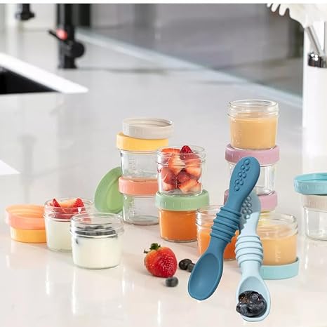 12-Pack Glass Baby Food Storage Jars with Lids, 6-Pack Silicone Baby Self-Feeding Spoons – BPA-Free, Leakproof, Freezer Safe Jars