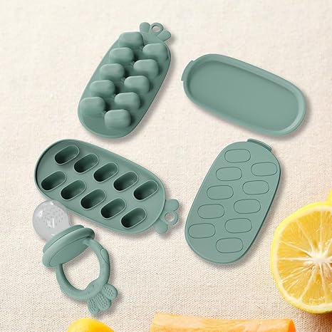 2 Pcs Baby Food Fruit Feeder with Freezer Tray Breastmilk Popsicle Molds Silicone Fruit Feeder for Self Feeding Teething Relief (Blue+Green)