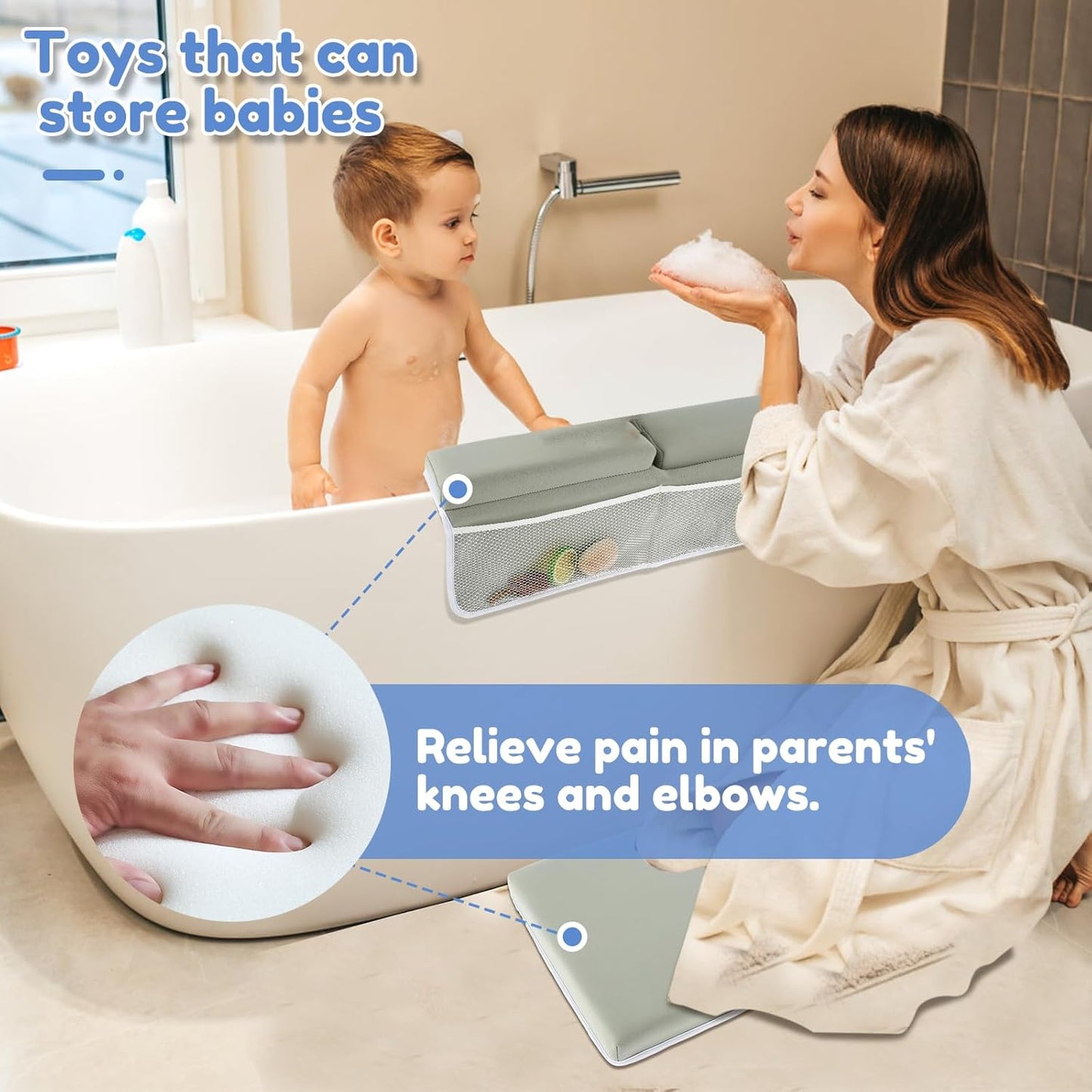 2 Pcs Baby Bath Kneeler and Elbow Rest Pad Set Comfortable Foam Bath Kneeling Pad Anti-Slip Bath Tub Elbow Pad with 4 Organizer Pockets Washable Baby Bath Cushion Bath Kneeling Pad for Toddler