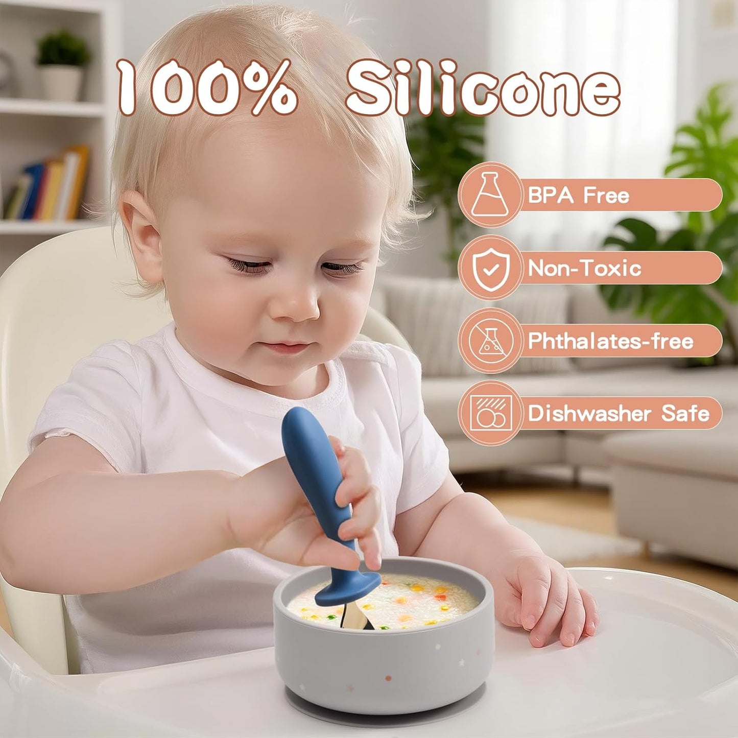 2-Pack Baby Bowls with Suction - Silicone Bowl with Lid, Non-Slip Suction Bowls for Baby, Feeding Bowl for Baby Led Weaning - Dishwasher Safe, Toddler Bowls for High Chair & Travel (Pink+Grey)