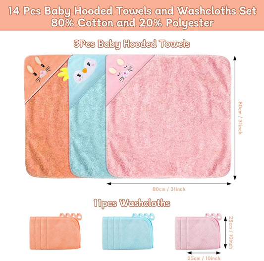 14 PCS Baby Towels, 3 PCS Soft Hooded Baby Towels & 11 PCS Washcloths, Baby Bath Towels for Newborns, Infants & Toddlers, Ultra Absorbent, Cute Baby Towel Gift for Girls