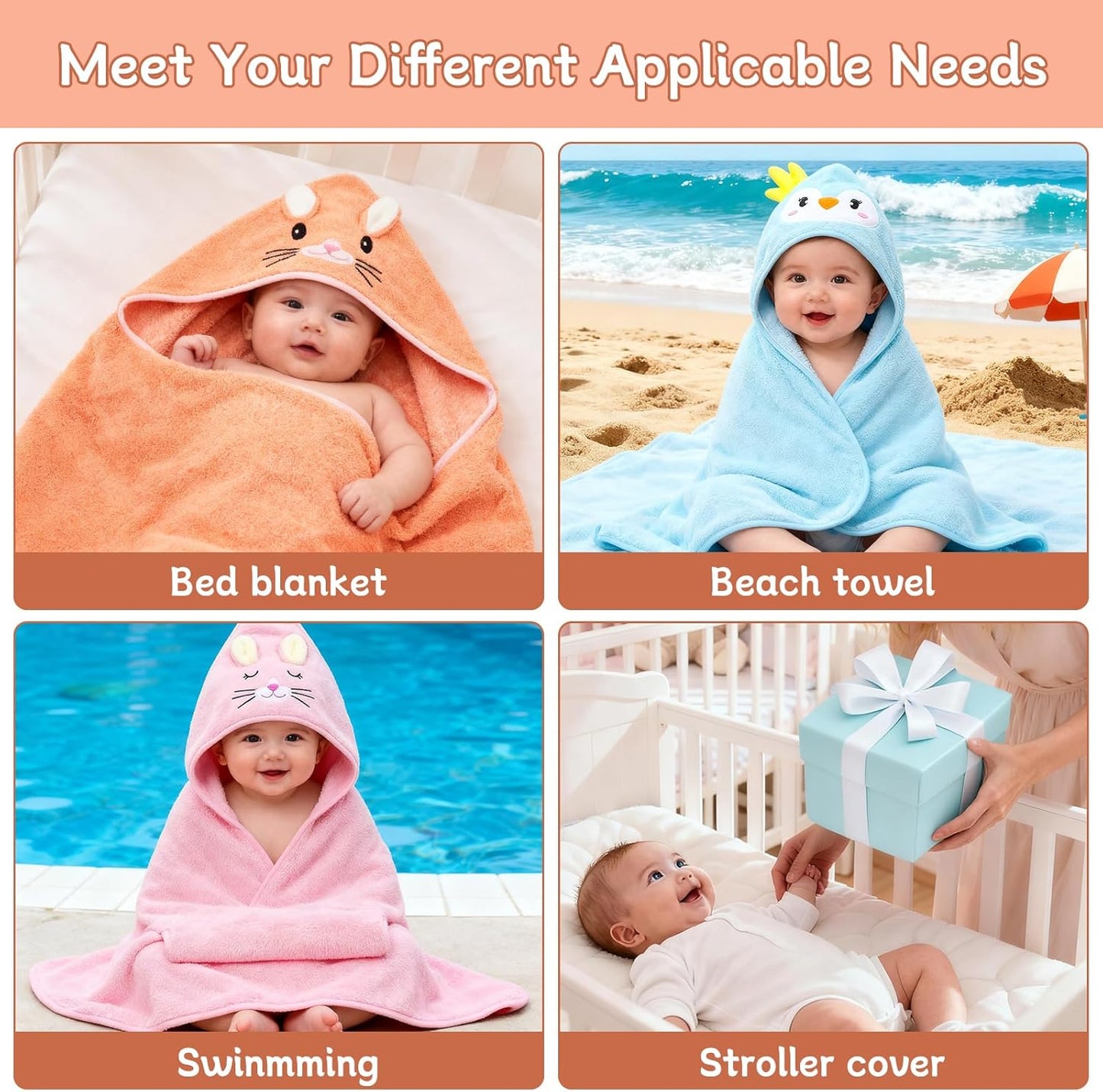 14 PCS Baby Towels, 3 PCS Soft Hooded Baby Towels & 11 PCS Washcloths, Baby Bath Towels for Newborns, Infants & Toddlers, Ultra Absorbent, Cute Baby Towel Gift for Girls