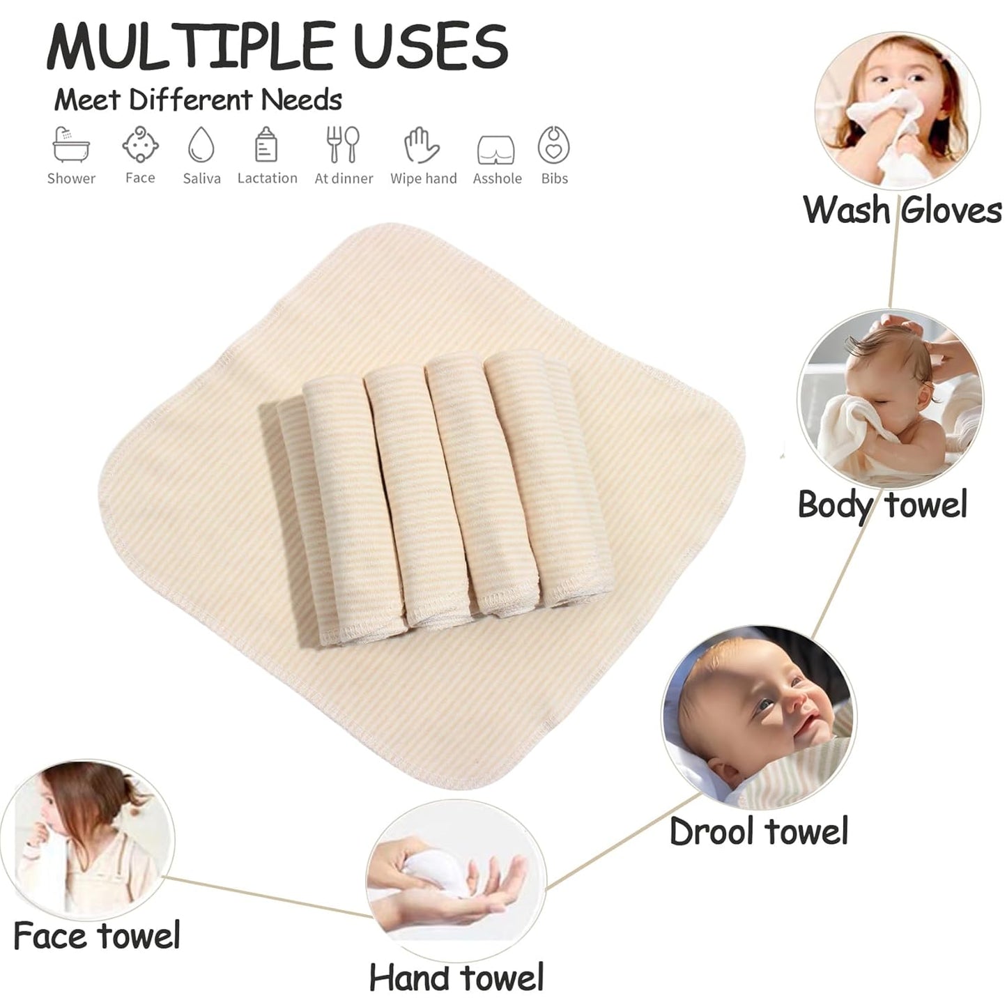 10-Pack Organic Cotton Baby Washcloths | Ultra-Soft Newborn Face Bath Towel - Reusable Baby Wipes for Delicate Skin Thin & Lightweight, Perfect for Babies, Kids, Toddlers, Infant (Stripes)