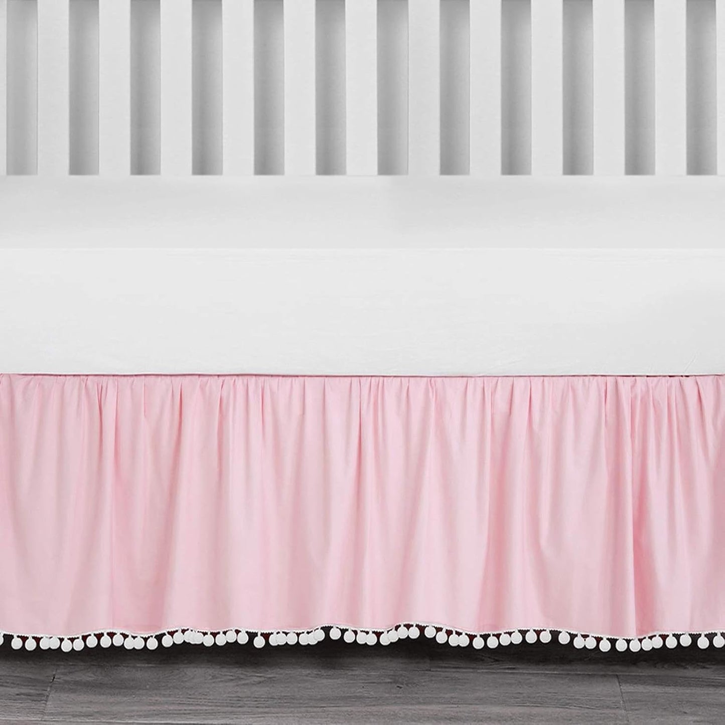 Baby Crib Bed Skirt, Pleated Dust Ruffled Bed Skirt Crib with Pompoms, 4 Sides Pleated Soft Breathable Microfiber Nursery Toddler Bedding for Baby Boys Girls, 28" X 52" with 14" Drop