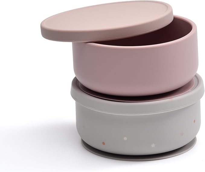 2-Pack Baby Bowls with Suction - Silicone Bowl with Lid, Non-Slip Suction Bowls for Baby, Feeding Bowl for Baby Led Weaning - Dishwasher Safe, Toddler Bowls for High Chair & Travel (Pink+Grey)
