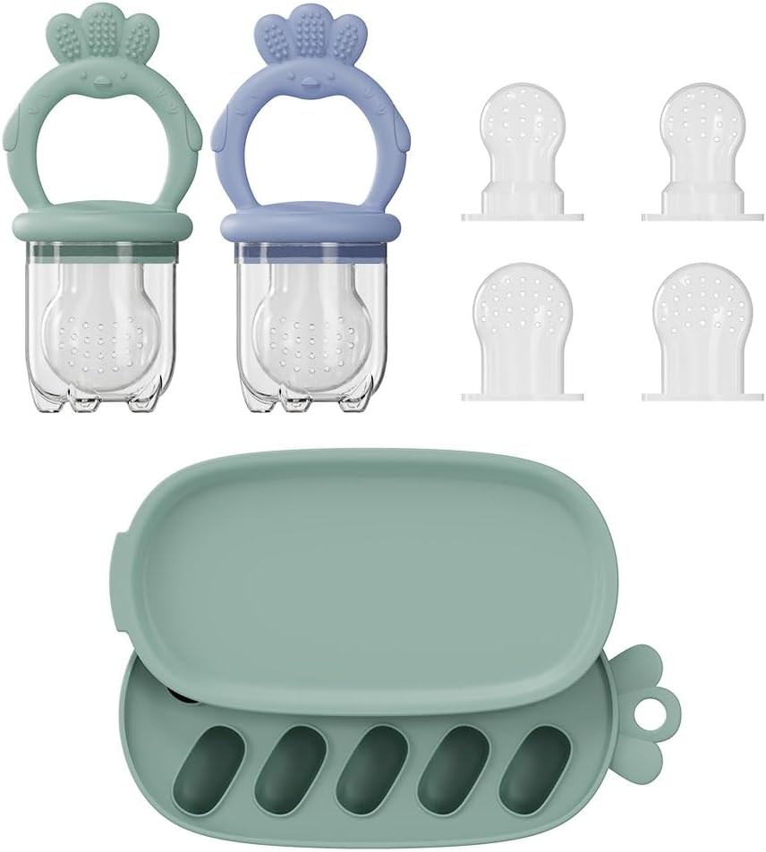 2 Pcs Baby Food Fruit Feeder with Freezer Tray Breastmilk Popsicle Molds Silicone Fruit Feeder for Self Feeding Teething Relief (Blue+Green)