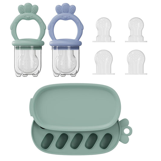 2 Pcs Baby Food Fruit Feeder with Freezer Tray Breastmilk Popsicle Molds Silicone Fruit Feeder for Self Feeding Teething Relief (Blue+Green)