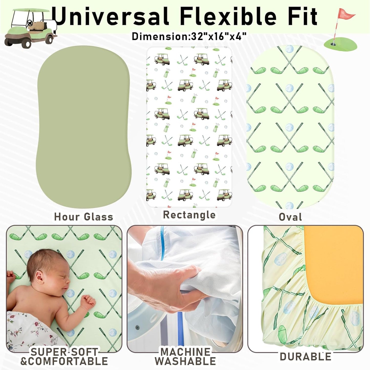 4 Pack Golf Bassinet Sheets 32" x 16" Bedside Sheets Stretchy Neutral Fitted Golf Nursery Decor Sport Themed Baby Bedding for Standard Bassinet Mattress Gift Set