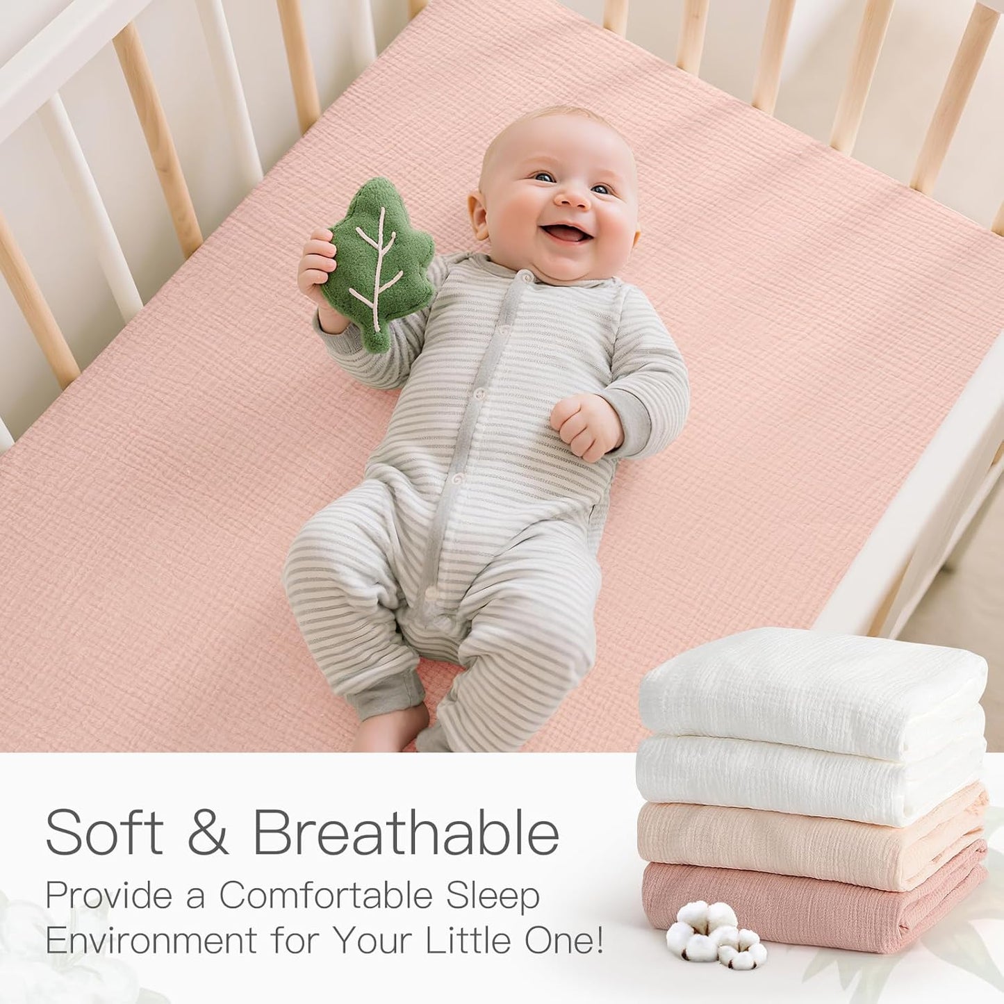 100% Organic Cotton Muslin Baby Fitted Crib Sheets 2 Pack 52x28 Inches Cream&Muted Pink, Ultra Breathable and Soft Sheet Fits Standard Crib Mattress Sheet Neutral Toddler Bedding for Baby Boys Girls