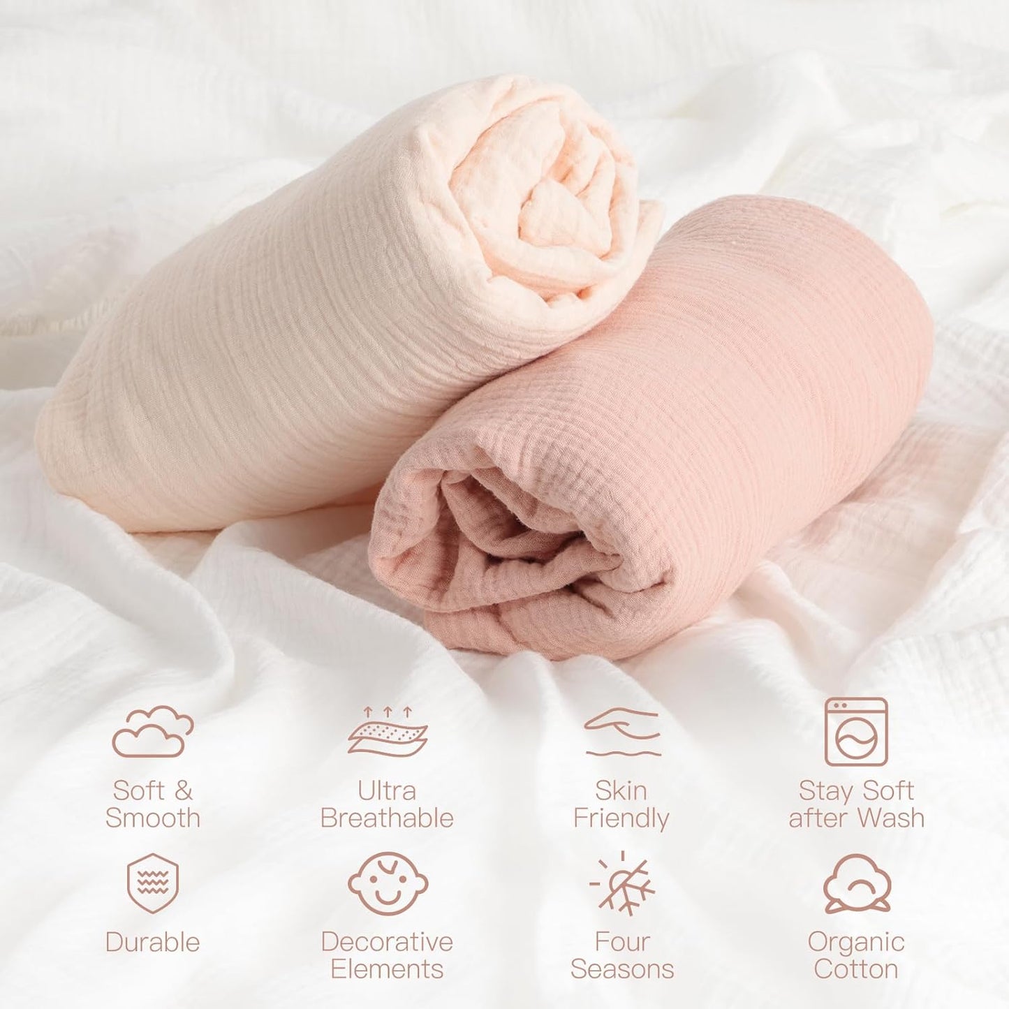 100% Organic Cotton Muslin Baby Fitted Crib Sheets 2 Pack 52x28 Inches Cream&Muted Pink, Ultra Breathable and Soft Sheet Fits Standard Crib Mattress Sheet Neutral Toddler Bedding for Baby Boys Girls