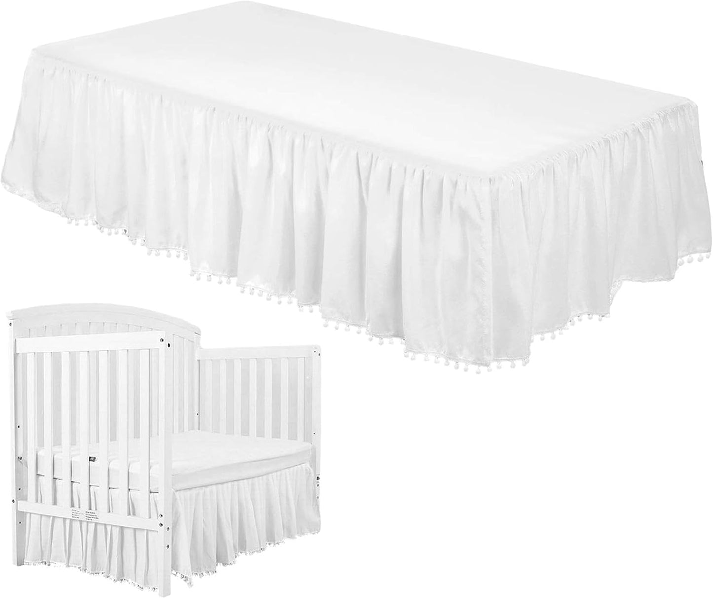 Baby Crib Bed Skirt, Pleated Dust Ruffled Bed Skirt Crib with Pompoms, 4 Sides Pleated Soft Breathable Microfiber Nursery Toddler Bedding for Baby Boys Girls, 28" X 52" with 14" Drop