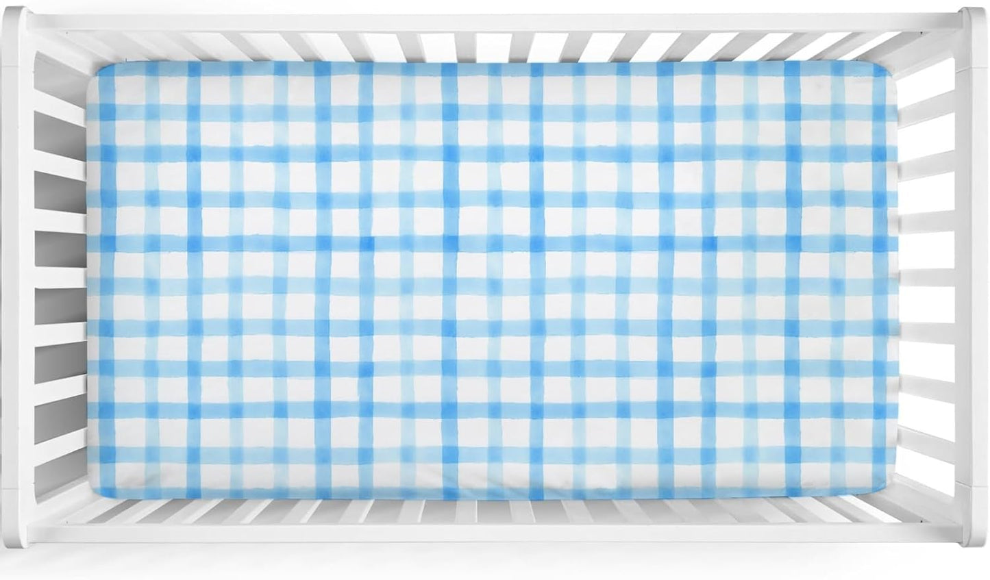 Blue and White Checks Baby Crib Sheets for Boys Girls Watercolor Gingham Checkered Soft Snug Fitted Newborn Bedding Nursery Baby Sheets 52x28 Buffalo Plaids Standard Crib Mattress Covers