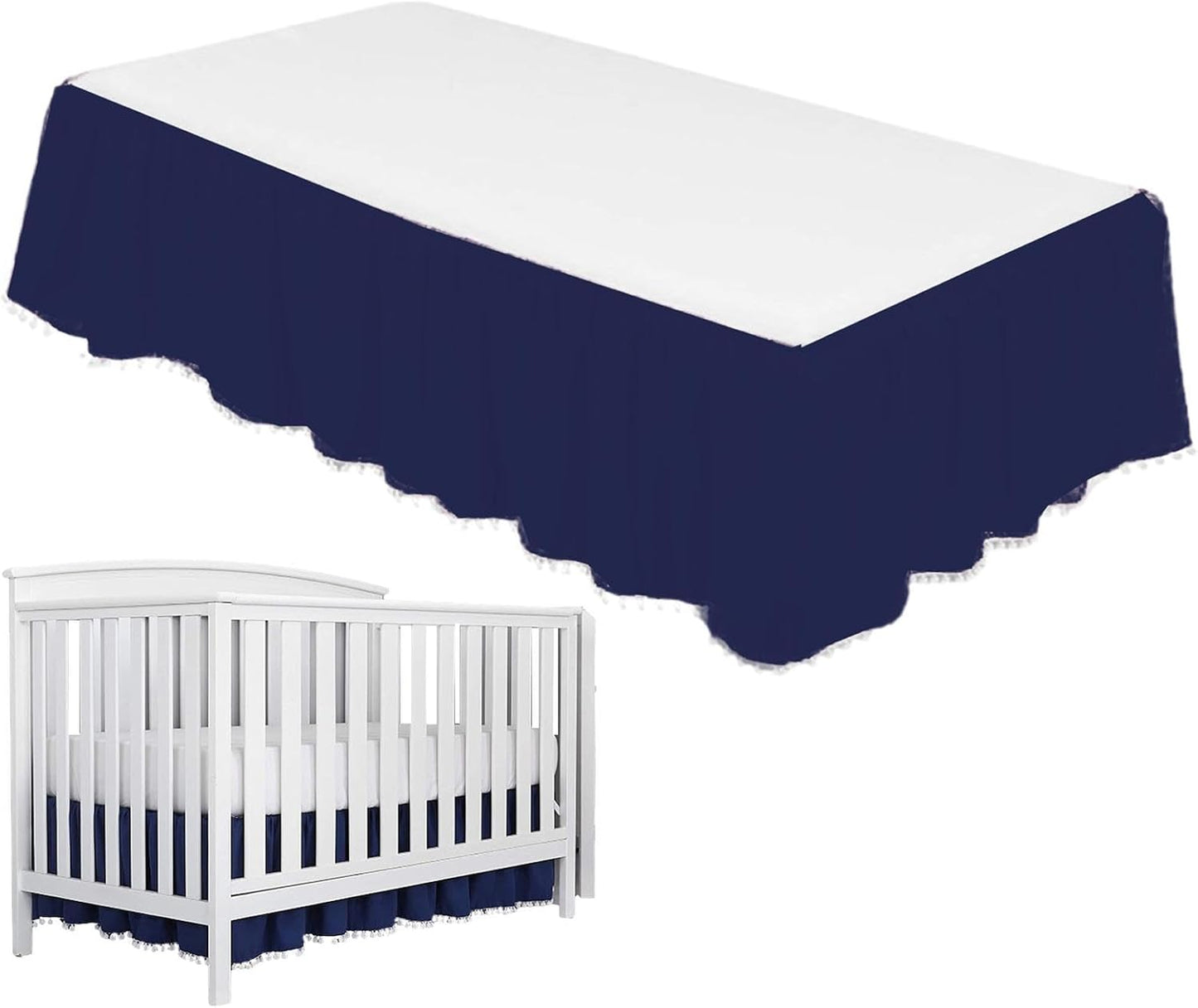 Baby Crib Bed Skirt, Pleated Dust Ruffled Bed Skirt Crib with Pompoms, 4 Sides Pleated Soft Breathable Microfiber Nursery Toddler Bedding for Baby Boys Girls, 28" X 52" with 14" Drop