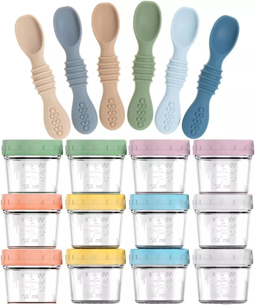 12-Pack Glass Baby Food Storage Jars with Lids, 6-Pack Silicone Baby Self-Feeding Spoons – BPA-Free, Leakproof, Freezer Safe Jars
