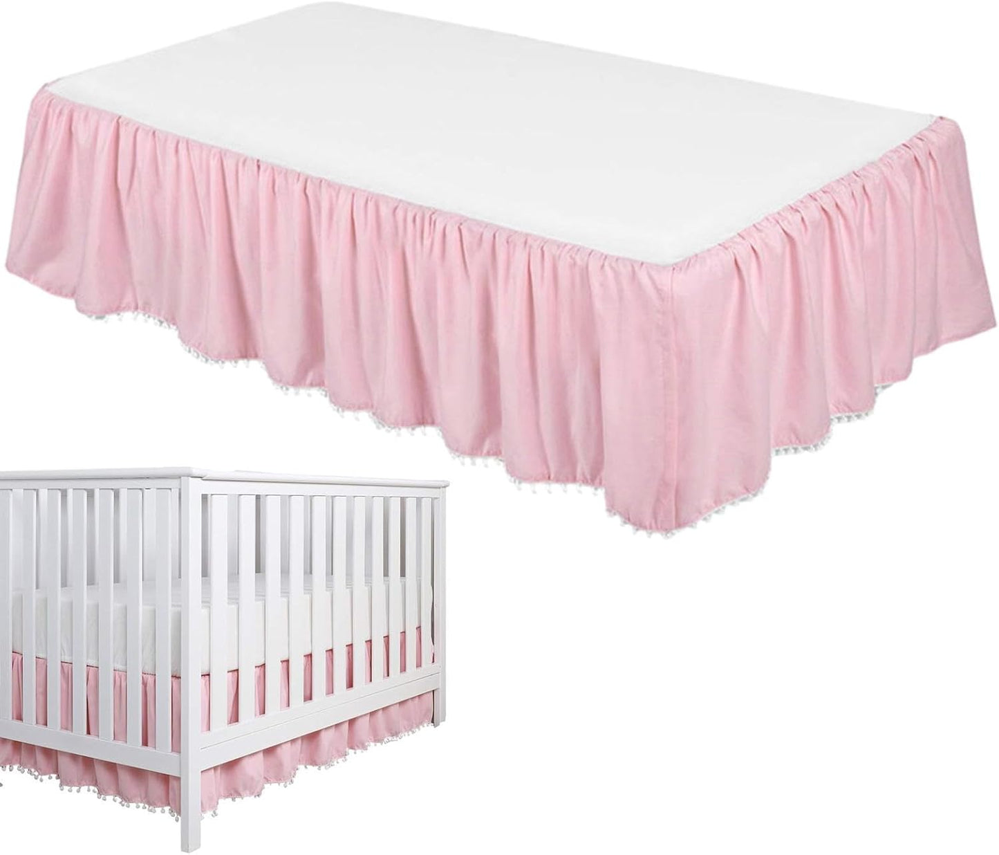 Baby Crib Bed Skirt, Pleated Dust Ruffled Bed Skirt Crib with Pompoms, 4 Sides Pleated Soft Breathable Microfiber Nursery Toddler Bedding for Baby Boys Girls, 28" X 52" with 14" Drop