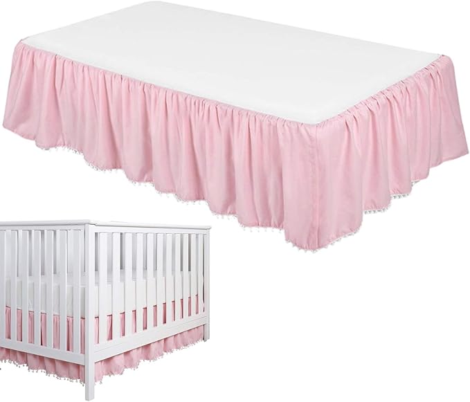 Baby Crib Bed Skirt, Pleated Dust Ruffled Bed Skirt Crib with Pompoms, 4 Sides Pleated Soft Breathable Microfiber Nursery Toddler Bedding for Baby Boys Girls, 28" X 52" with 14" Drop