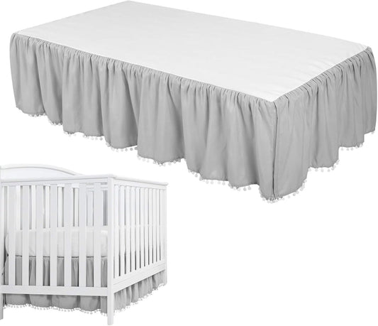 Baby Crib Bed Skirt, Pleated Dust Ruffled Bed Skirt Crib with Pompoms, 4 Sides Pleated Soft Breathable Microfiber Nursery Toddler Bedding for Baby Boys Girls, 28" X 52" with 14" Drop