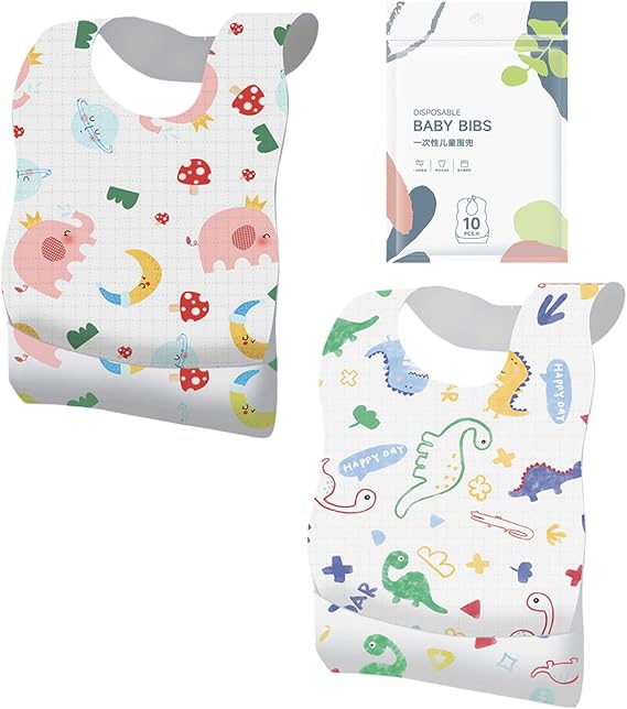 10 Pcs Disposable Baby Bibs, Baby Bibs for Eating, Disposable Bibs for Toddlers 1-3, Travel & Daycare Essentials, for Toddler Feeding, Individually Packaged with Catcher and Leakproof Liner