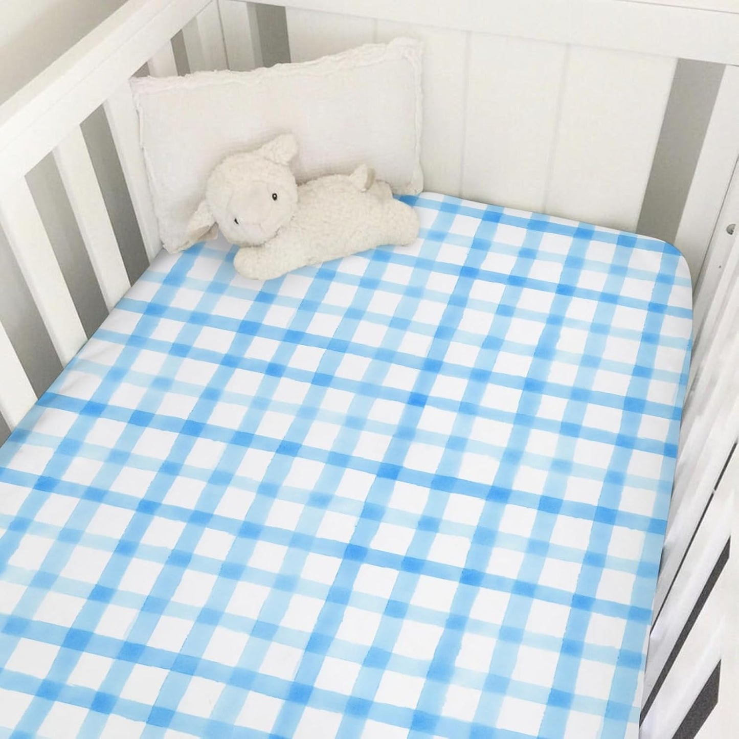 Blue and White Checks Baby Crib Sheets for Boys Girls Watercolor Gingham Checkered Soft Snug Fitted Newborn Bedding Nursery Baby Sheets 52x28 Buffalo Plaids Standard Crib Mattress Covers