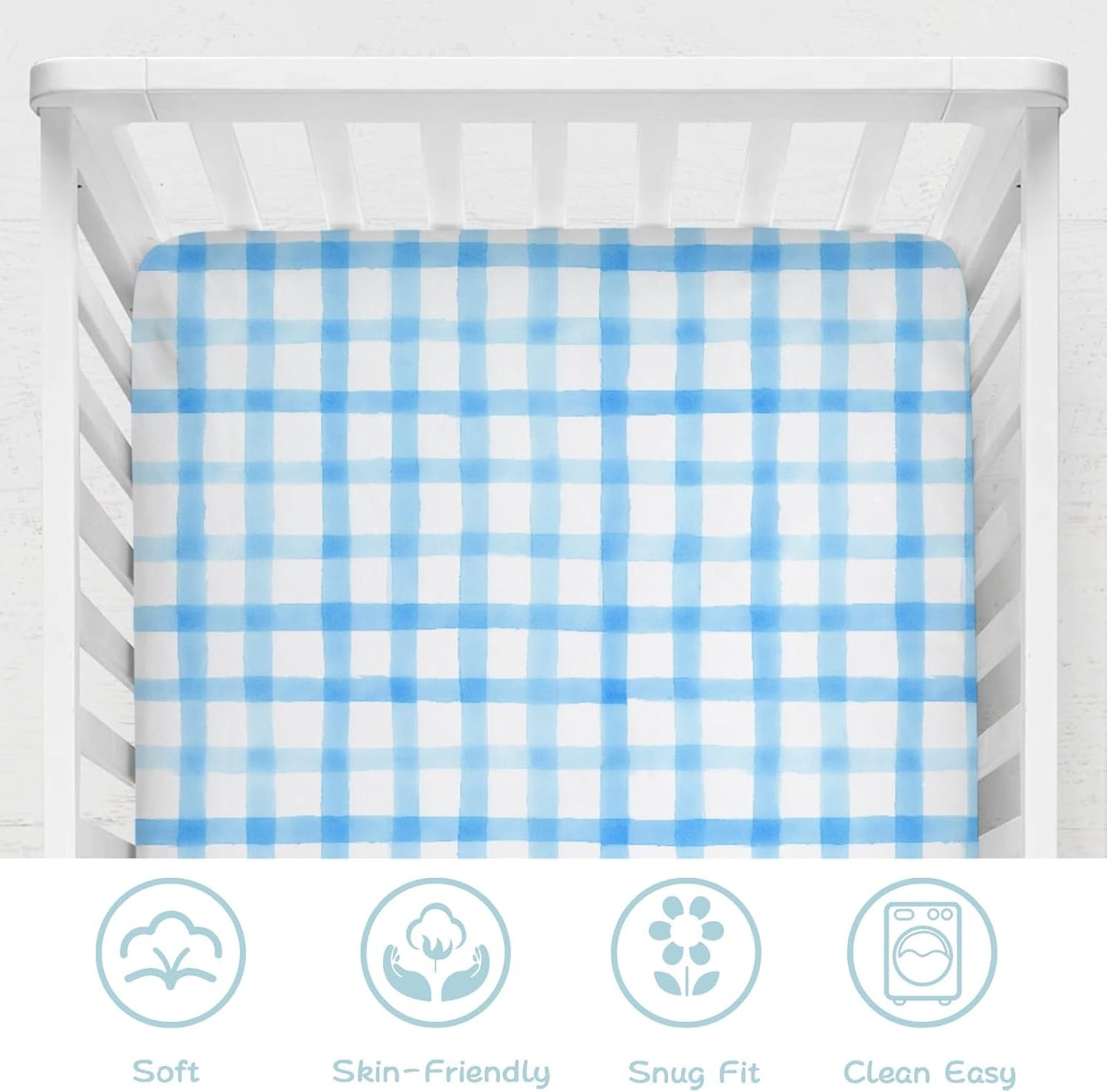 Blue and White Checks Baby Crib Sheets for Boys Girls Watercolor Gingham Checkered Soft Snug Fitted Newborn Bedding Nursery Baby Sheets 52x28 Buffalo Plaids Standard Crib Mattress Covers