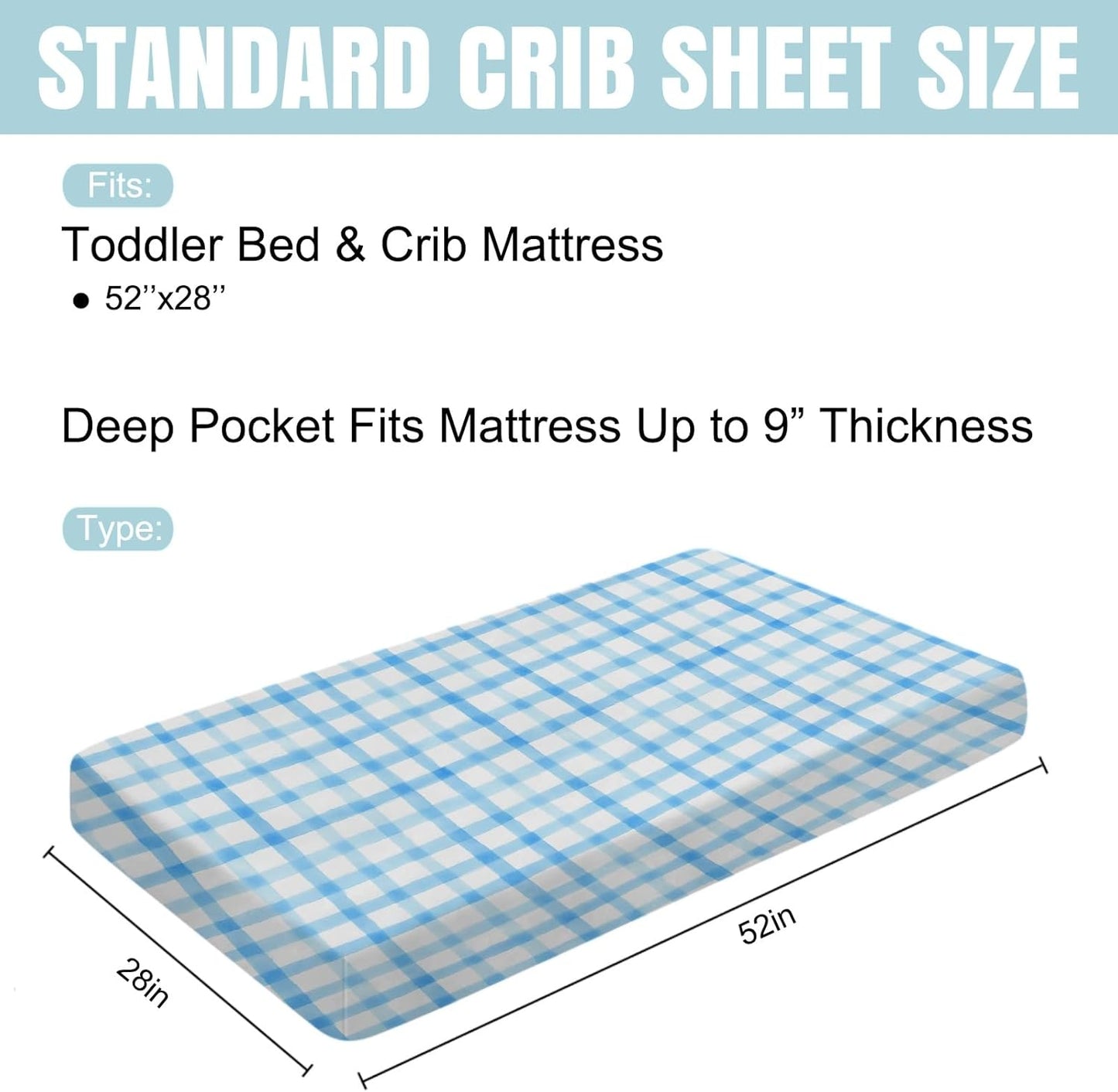 Blue and White Checks Baby Crib Sheets for Boys Girls Watercolor Gingham Checkered Soft Snug Fitted Newborn Bedding Nursery Baby Sheets 52x28 Buffalo Plaids Standard Crib Mattress Covers