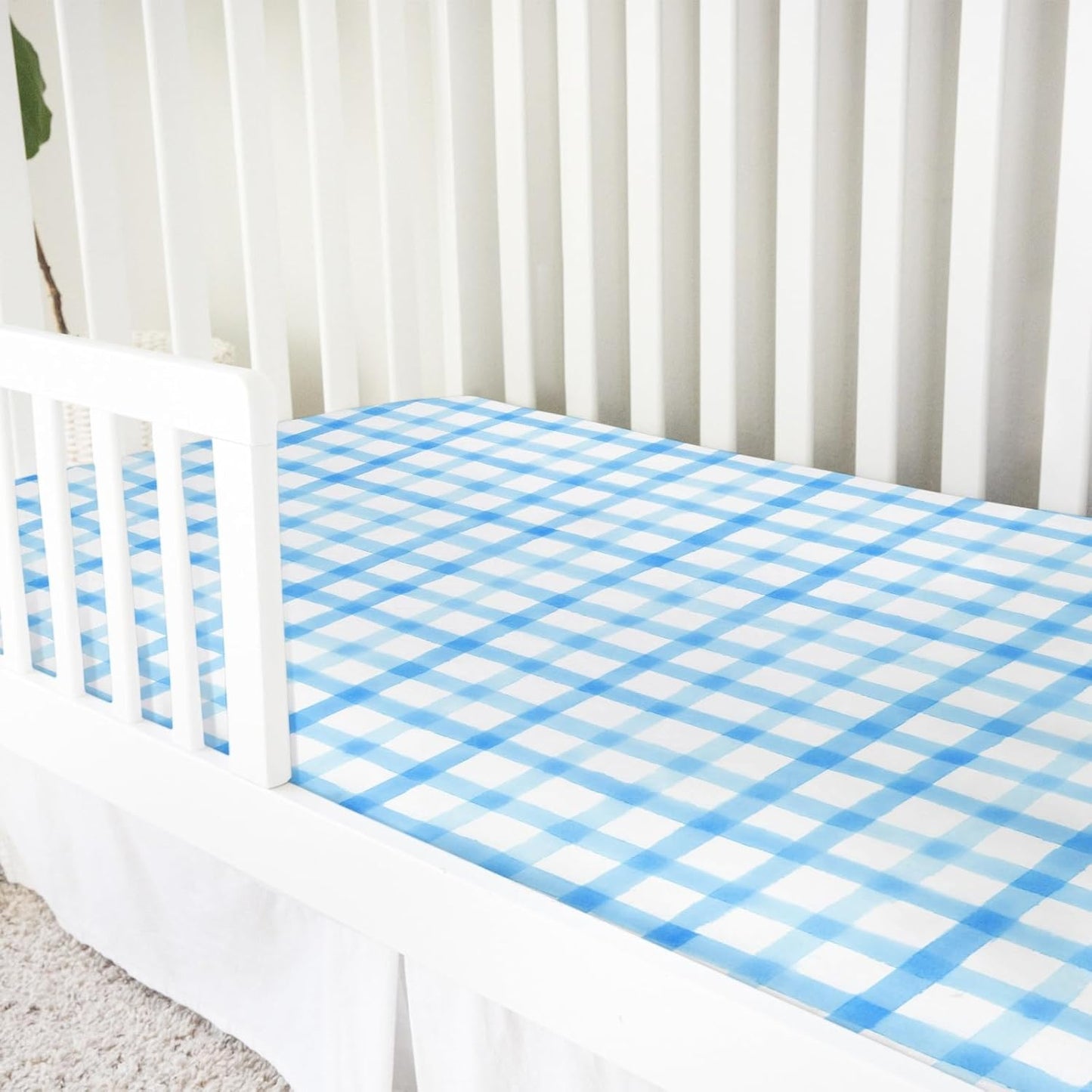 Blue and White Checks Baby Crib Sheets for Boys Girls Watercolor Gingham Checkered Soft Snug Fitted Newborn Bedding Nursery Baby Sheets 52x28 Buffalo Plaids Standard Crib Mattress Covers