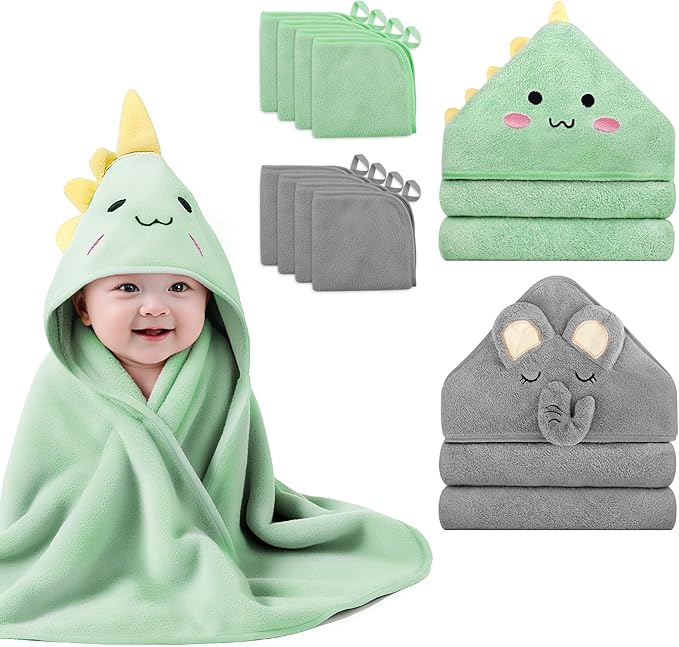 10 PCS Cute Baby Towels Set, 2 PCS Soft Baby Hooded Towels & 8 PCS Washcloths, Baby Bath Towels for Newborns, Infants & Toddlers, Ultra Absorbent, Cute Baby Towel Gift for Boys & Girls
