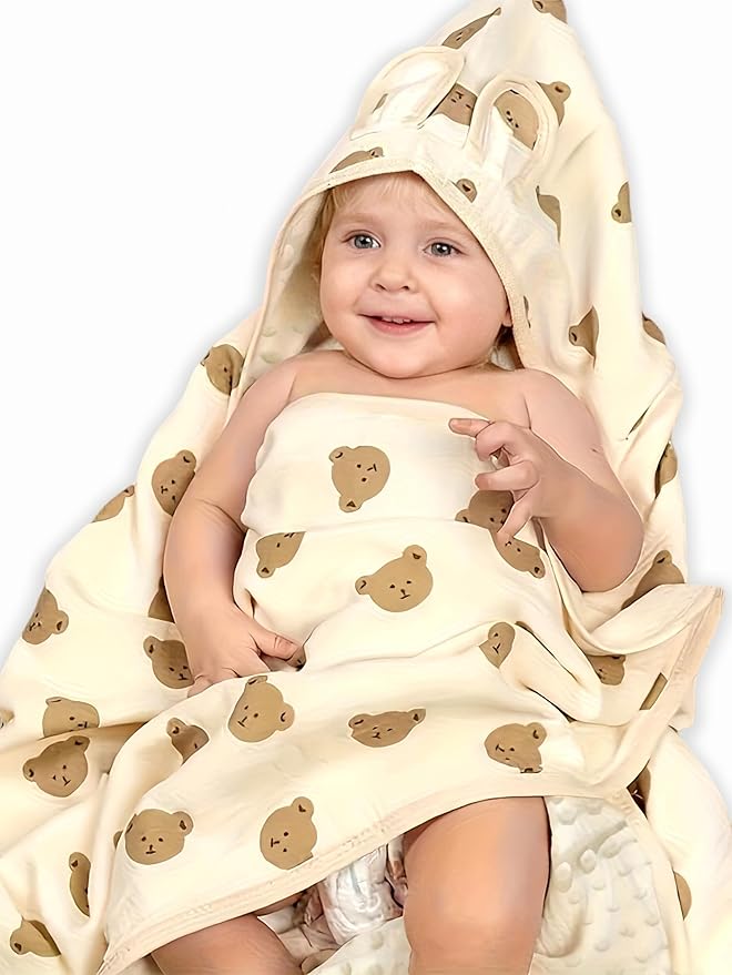 Baby Swaddel Blanket Cotton Muslin,Baby Receiving Blankets for Unisex Girls Boys, Neutral Toddler Fluffy Infant Newborn Nuilt Crib,Thick Crib Bedding Dotted Backing Double Layer 31"x31" (Bear Head)