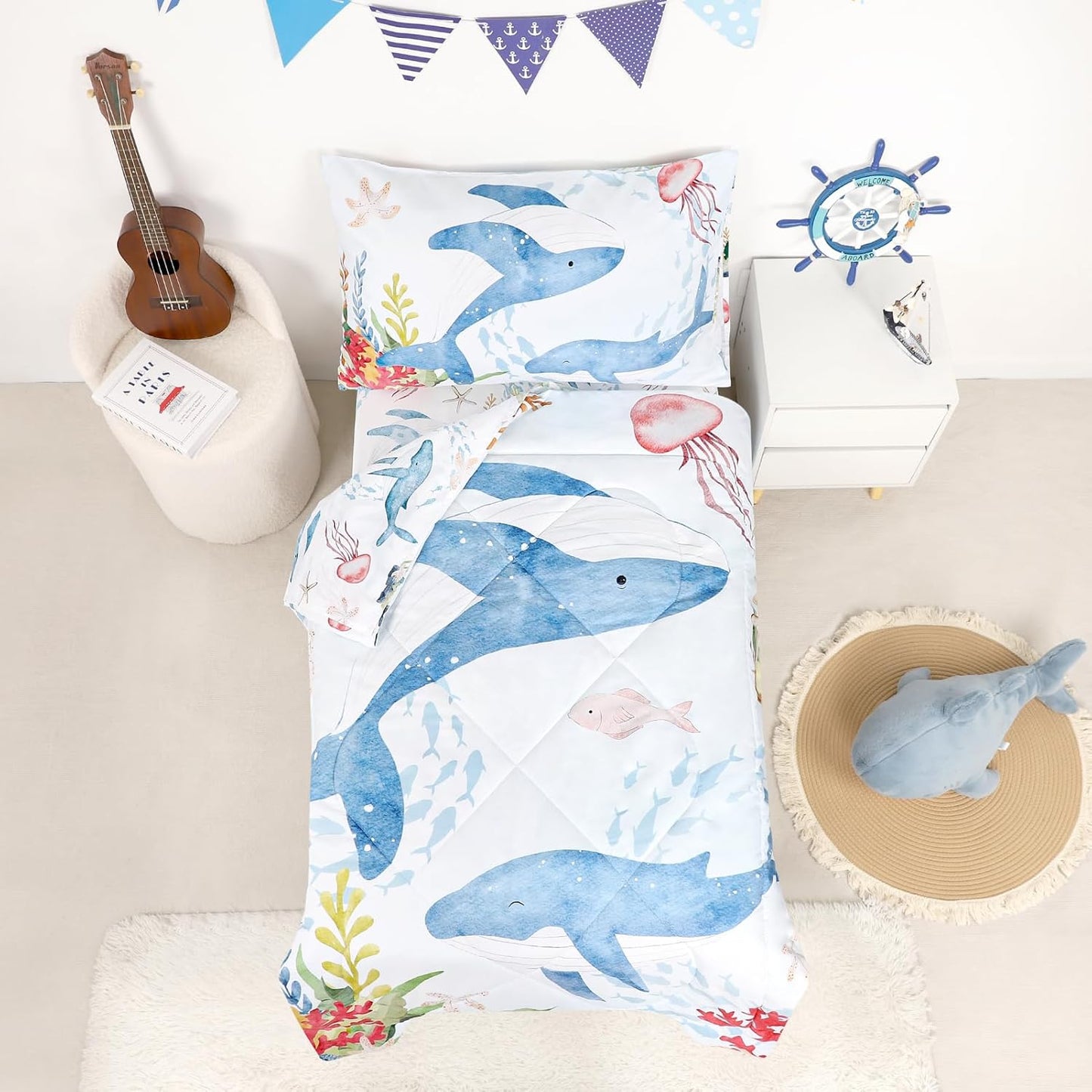 4 Piece Toddler Bedding Set, Ultra Soft and Breathable Toddler Comforter Sets for Boys & Girls, Crib Bedding Set Includes Quilted Comforter, Fitted Sheet, Flat Sheet and Pillowcase, Blue Ocean