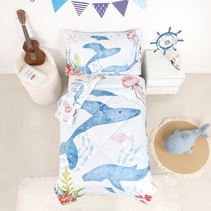 4 Piece Toddler Bedding Set, Ultra Soft and Breathable Toddler Comforter Sets for Boys & Girls, Crib Bedding Set Includes Quilted Comforter, Fitted Sheet, Flat Sheet and Pillowcase, Blue Ocean