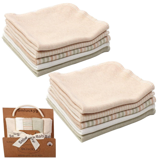 10-Pack Organic Cotton Baby Washcloths | Ultra-Soft Newborn Face Bath Towel - Reusable Baby Wipes for Delicate Skin Thin & Lightweight, Perfect for Babies, Kids, Toddlers, Infant (Stripes)