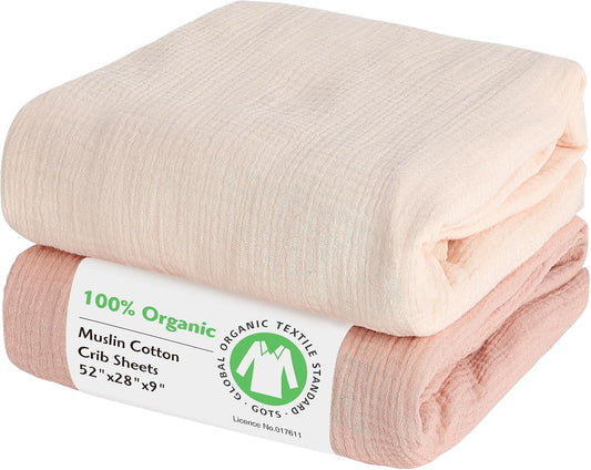 100% Organic Cotton Muslin Baby Fitted Crib Sheets 2 Pack 52x28 Inches Cream&Muted Pink, Ultra Breathable and Soft Sheet Fits Standard Crib Mattress Sheet Neutral Toddler Bedding for Baby Boys Girls