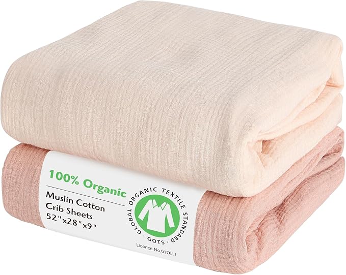 100% Organic Cotton Muslin Baby Fitted Crib Sheets 2 Pack 52x28 Inches Cream&Muted Pink, Ultra Breathable and Soft Sheet Fits Standard Crib Mattress Sheet Neutral Toddler Bedding for Baby Boys Girls