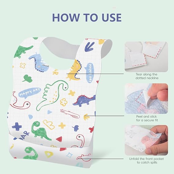 10 Pcs Disposable Baby Bibs, Baby Bibs for Eating, Disposable Bibs for Toddlers 1-3, Travel & Daycare Essentials, for Toddler Feeding, Individually Packaged with Catcher and Leakproof Liner