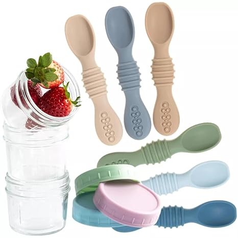12-Pack Glass Baby Food Storage Jars with Lids, 6-Pack Silicone Baby Self-Feeding Spoons – BPA-Free, Leakproof, Freezer Safe Jars