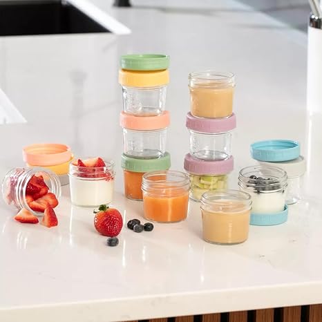 12-Pack Glass Baby Food Storage Jars with Lids, 6-Pack Silicone Baby Self-Feeding Spoons – BPA-Free, Leakproof, Freezer Safe Jars