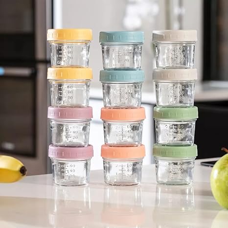 12-Pack Glass Baby Food Storage Jars with Lids, 6-Pack Silicone Baby Self-Feeding Spoons – BPA-Free, Leakproof, Freezer Safe Jars