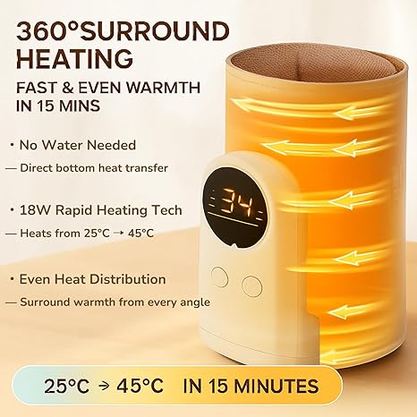 18W Portable Baby Bottle Warmer for Travel – Fast, Waterless Milk Heater for Breastmilk & Formula | USB Rechargeable Bottle Warmer with Precise Temperature Control – Essential for On-The-Go Feeding